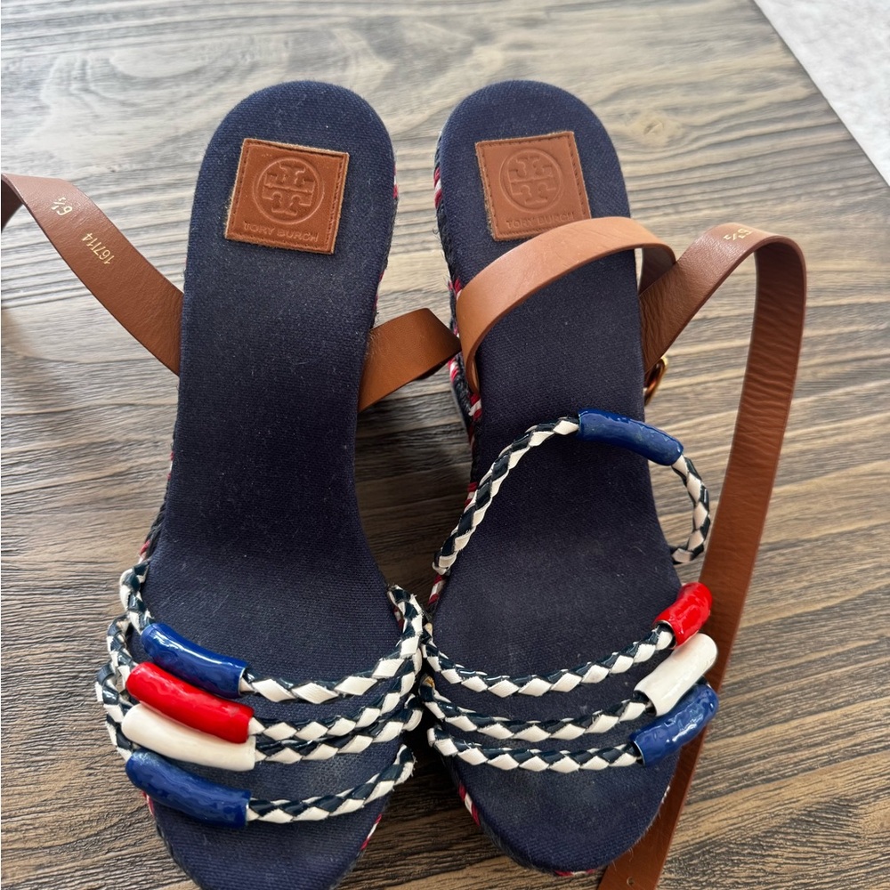 Tory Burch Red White Blue Wedges